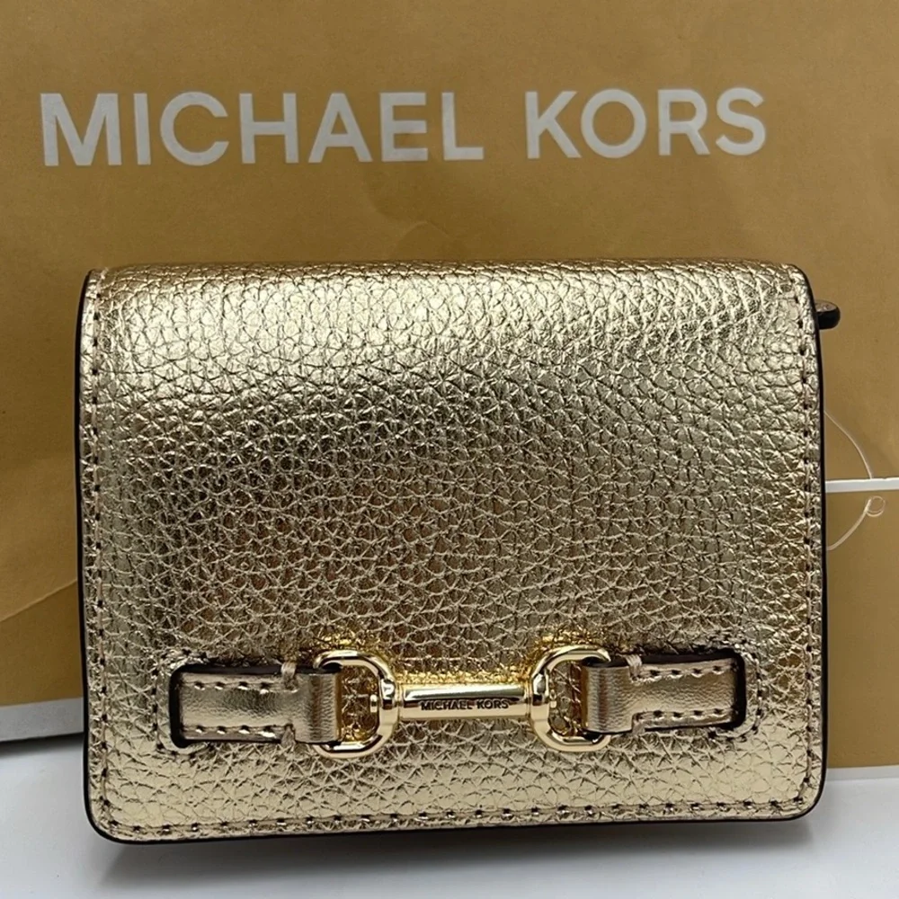 MICHAEL KORS Carson Small Metallic Pebbled Leather Wallet Pale Gold  NWT